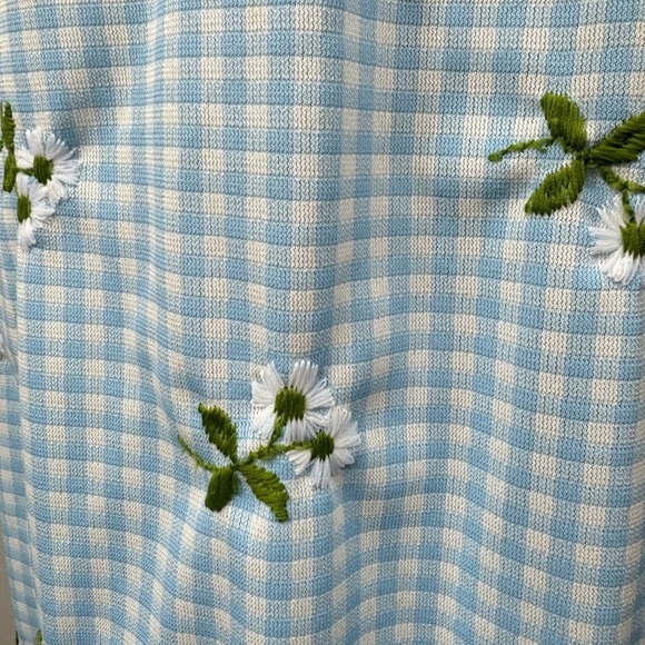 Vintage 70s Size Small Blue Gingham High Neck Sleeveless Maxi Dress Embroidered - Picture 5 of 9